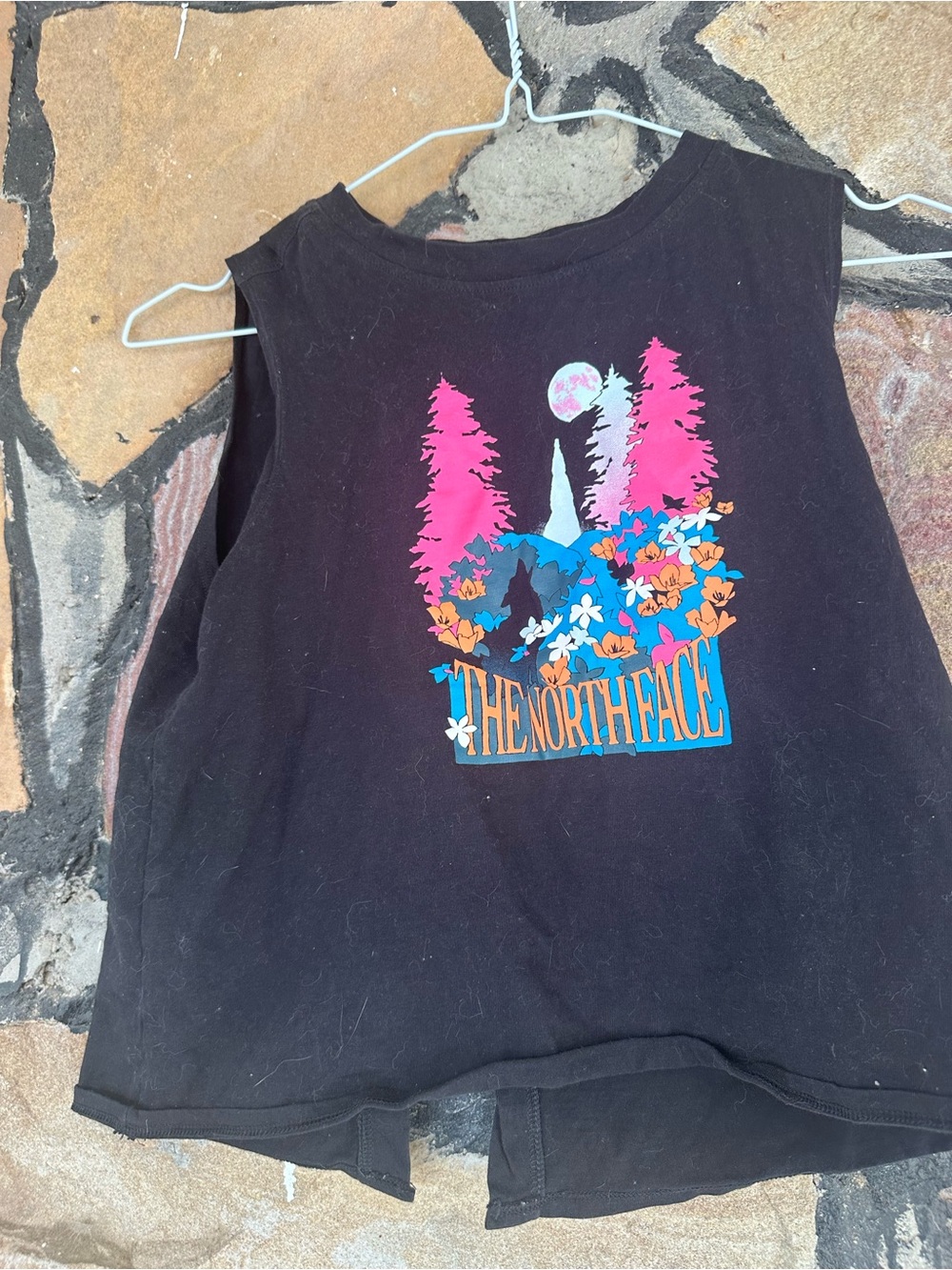 The North Face Black Kids Graphic Tank with Pink & Blue Mountain Print